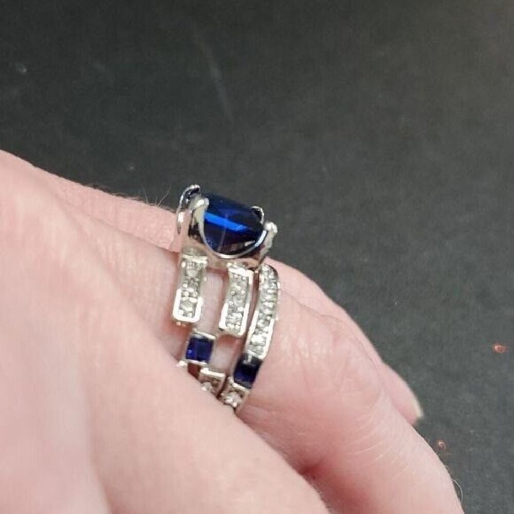 Silver tone blue double ring set - Picture 2 of 9